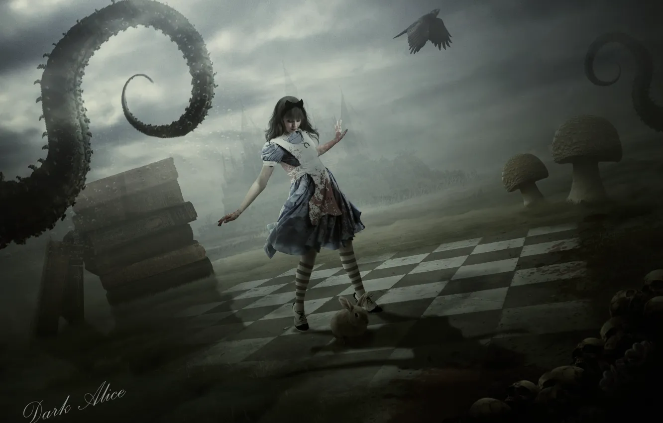 Photo wallpaper girl, castle, mushrooms, skull, rabbit, dress, tentacles, book