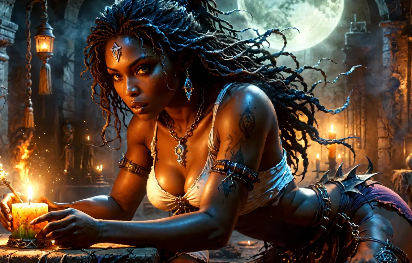 Photo wallpaper girl, the moon, candles, fantasy, mulatto