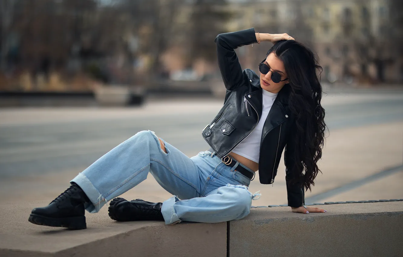 Photo wallpaper girl, pose, jeans, brunette, glasses, jacket, long hair, Dmitry Shulgin