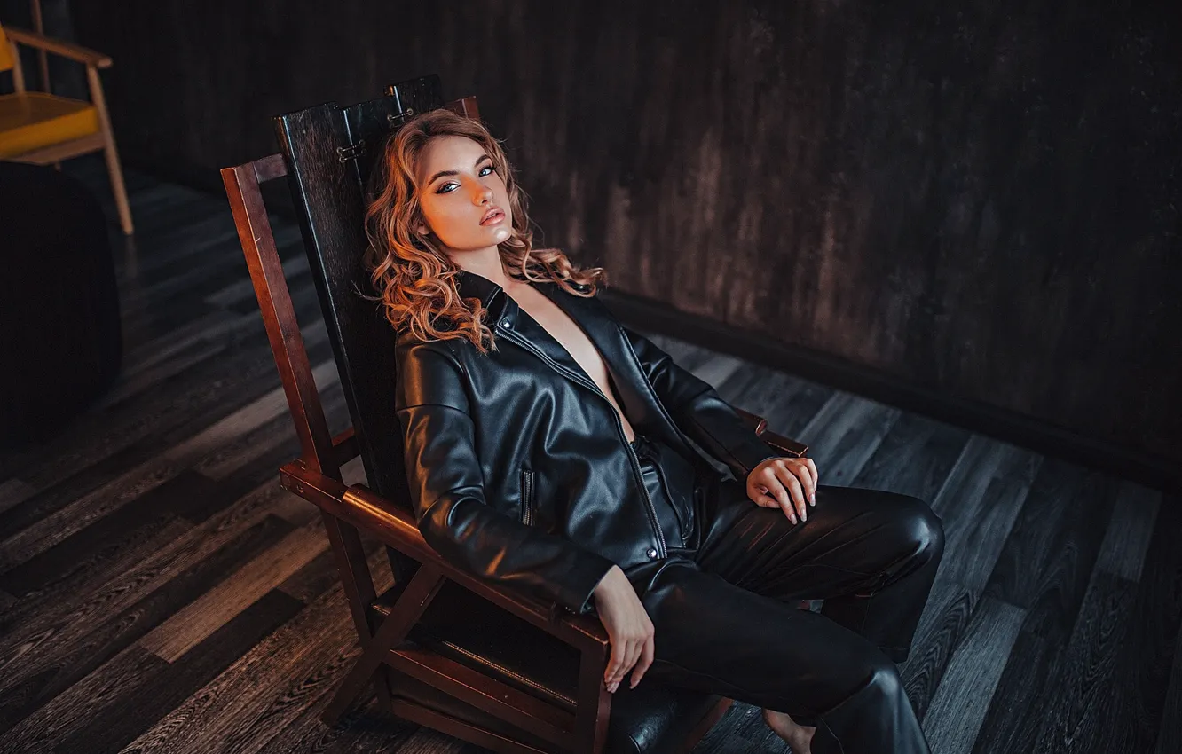Photo wallpaper look, girl, pose, chair, jacket, curls, pants, Gregory Levin