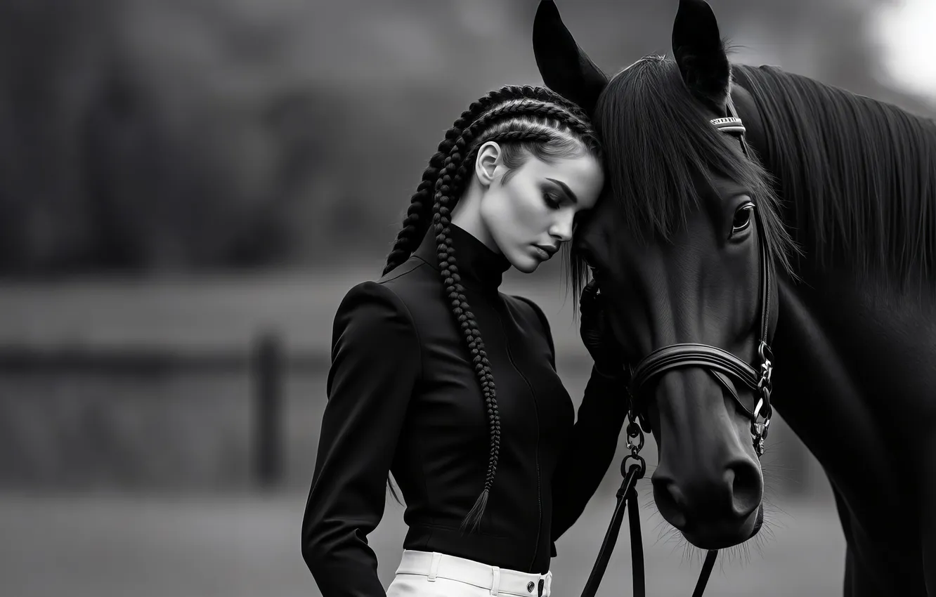 Photo wallpaper look, girl, pose, each, horse, horse, hairstyle, braid