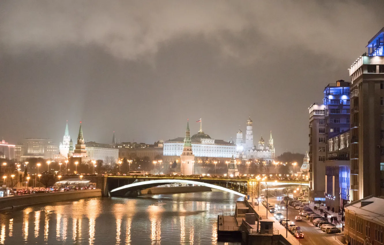 Photo wallpaper night, the city, lights, river, Moscow, The Kremlin, Russia, Moscow