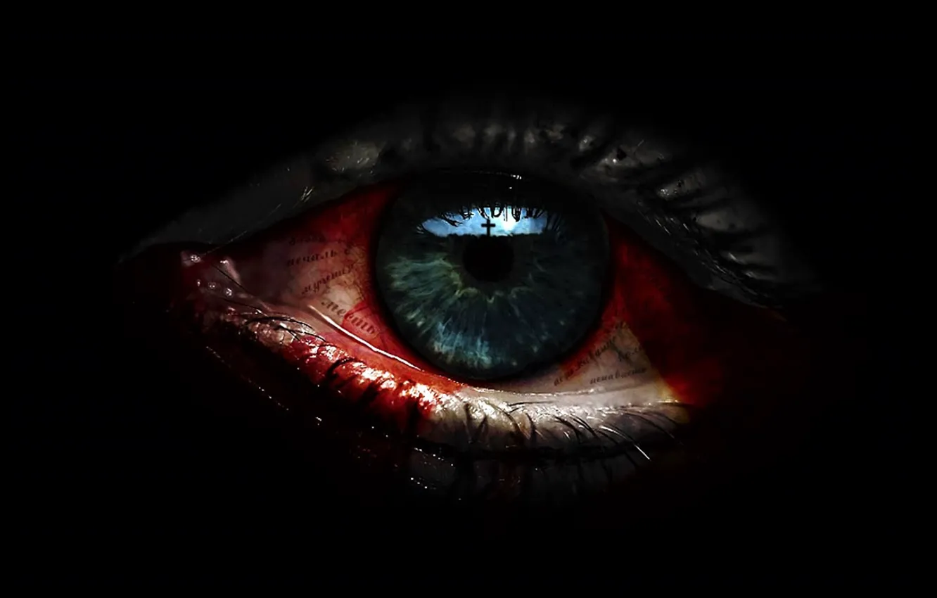 Photo wallpaper eyes, reflection, cross, bloody tears, in the dark, black magic