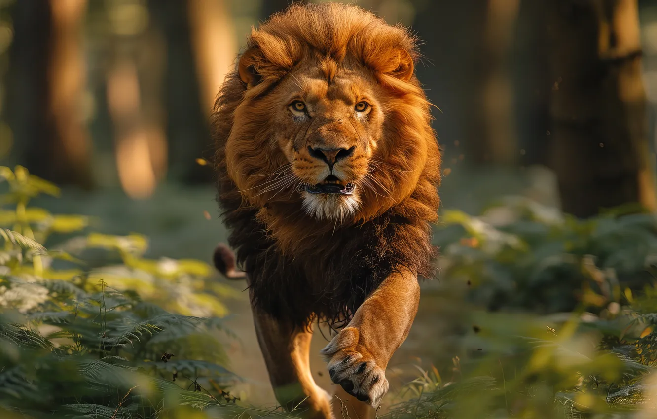 Photo wallpaper trees, predator, Leo, running, big cat, digital art, AI art, The Art of Artificial Intelligence