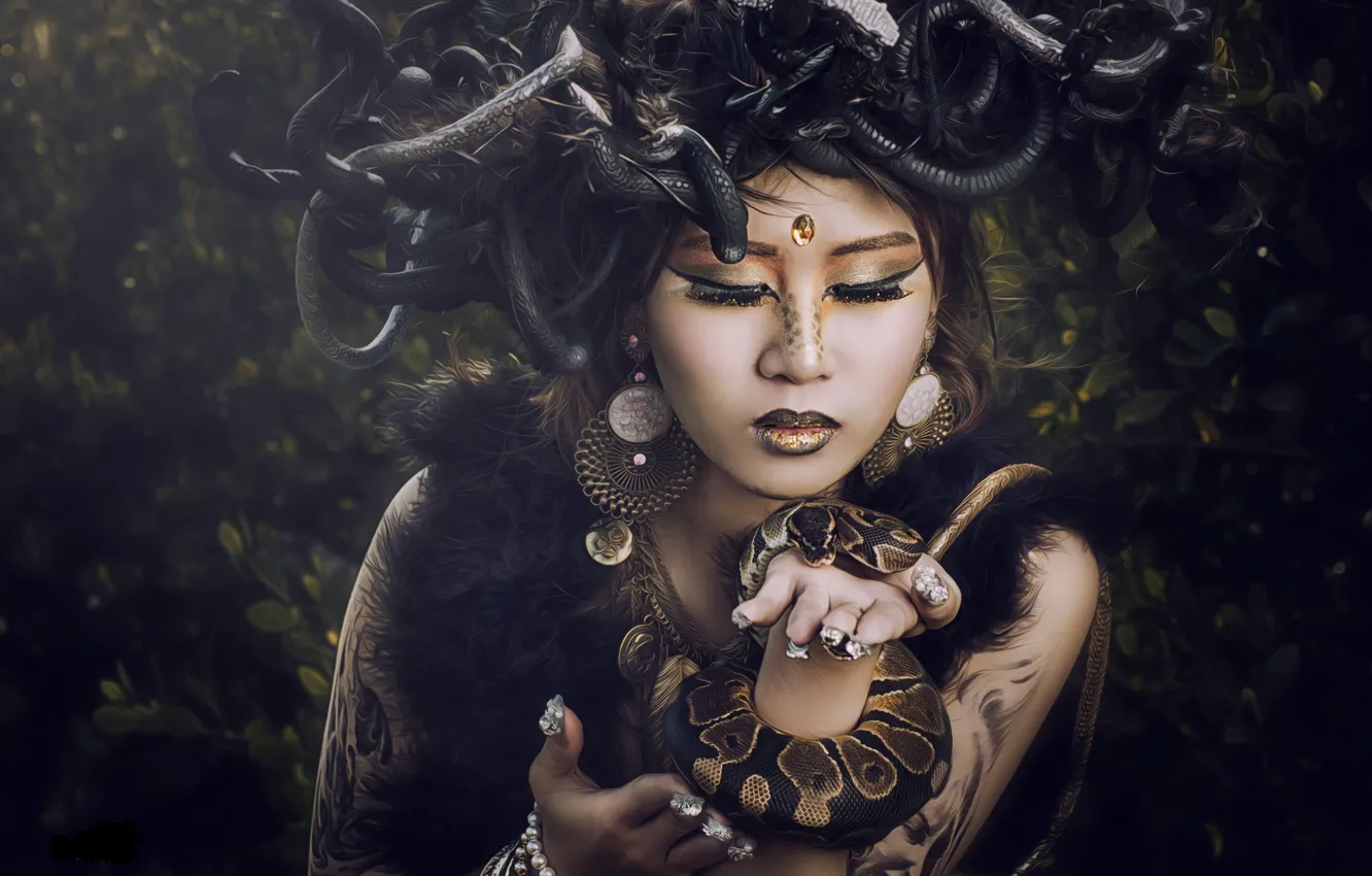 Photo wallpaper snakes, girl, style, model, makeup, Asian, Medusa