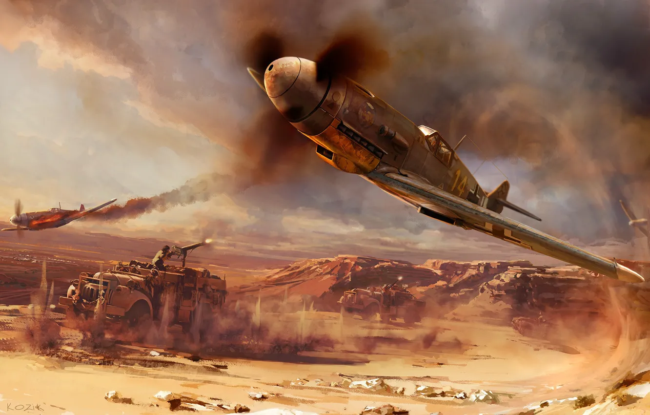Photo wallpaper desert, smoke, the plane, the fire, Long Range Desert Group