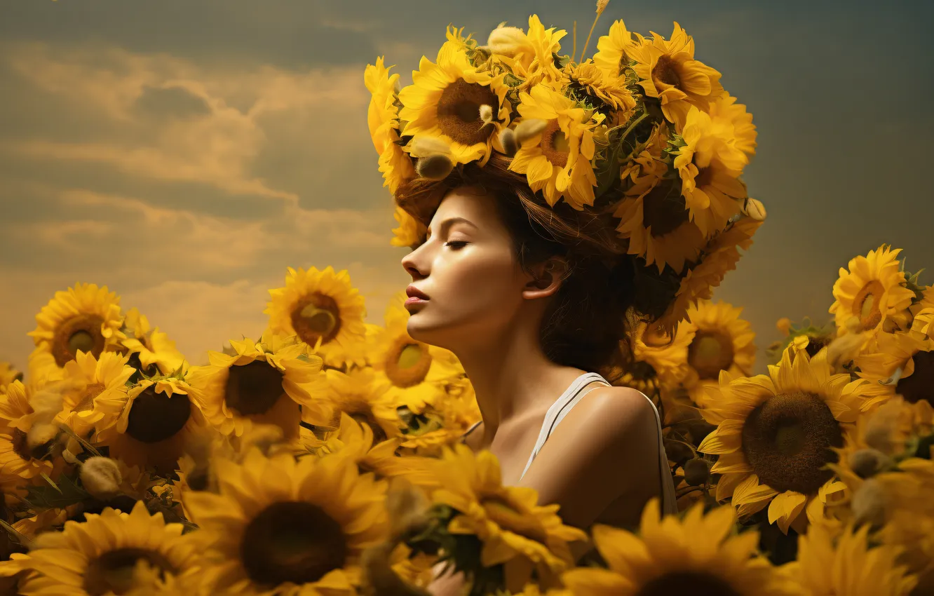 Photo wallpaper field, summer, the sky, girl, clouds, sunflowers, flowers, nature