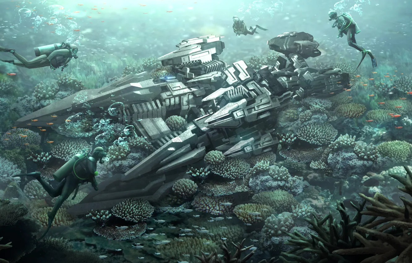 Photo wallpaper sea, the bottom, corals, the diver, aliens, reef, spaceship, diver