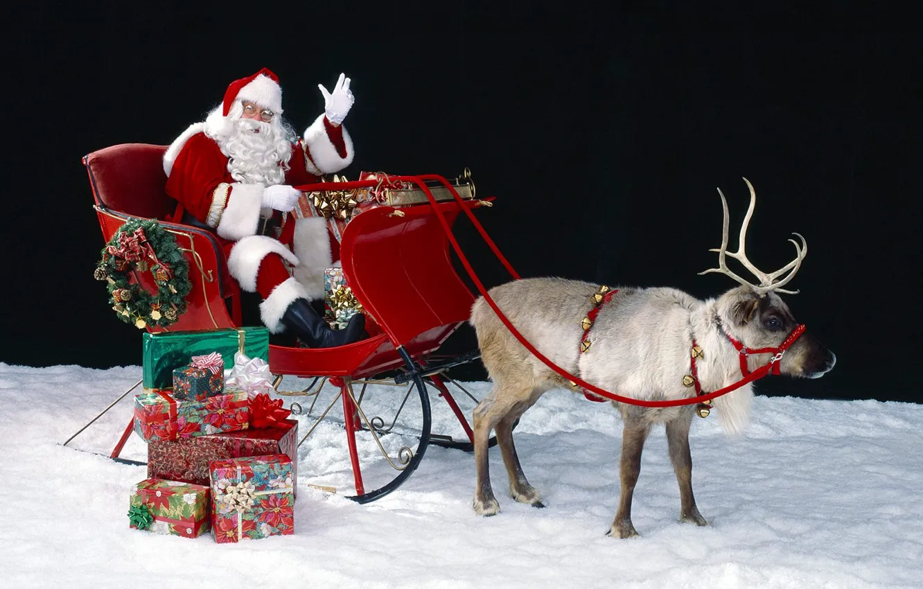 Photo wallpaper new year, deer, Christmas, Santa Claus, Santa Claus