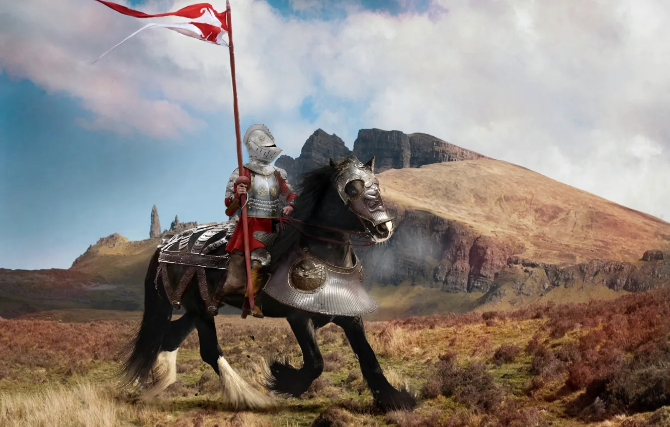 Photo wallpaper field, the sky, clouds, landscape, mountains, fantasy, horse, black