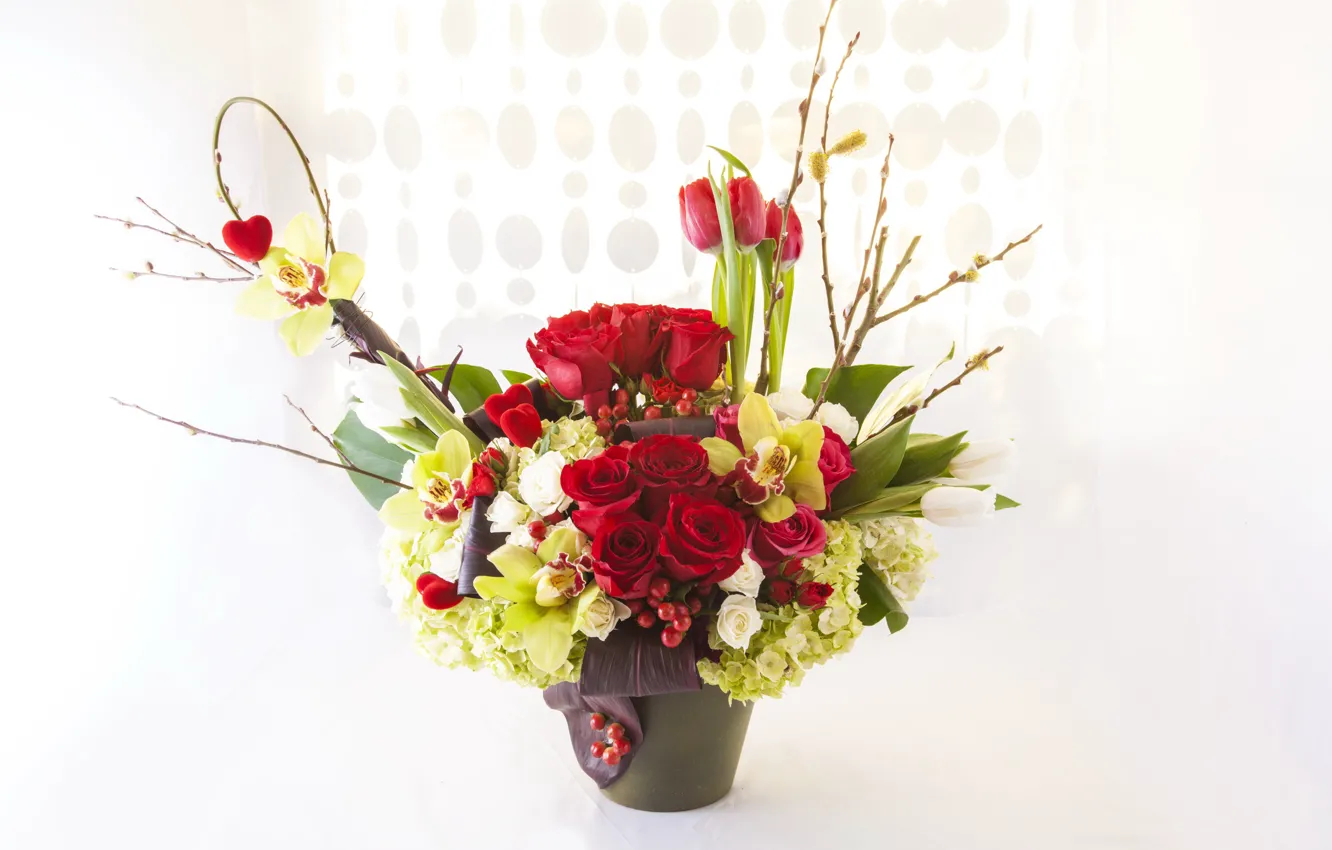 Photo wallpaper flowers, background, roses, bouquet, tulips, Verba, Orchid, hydrangea