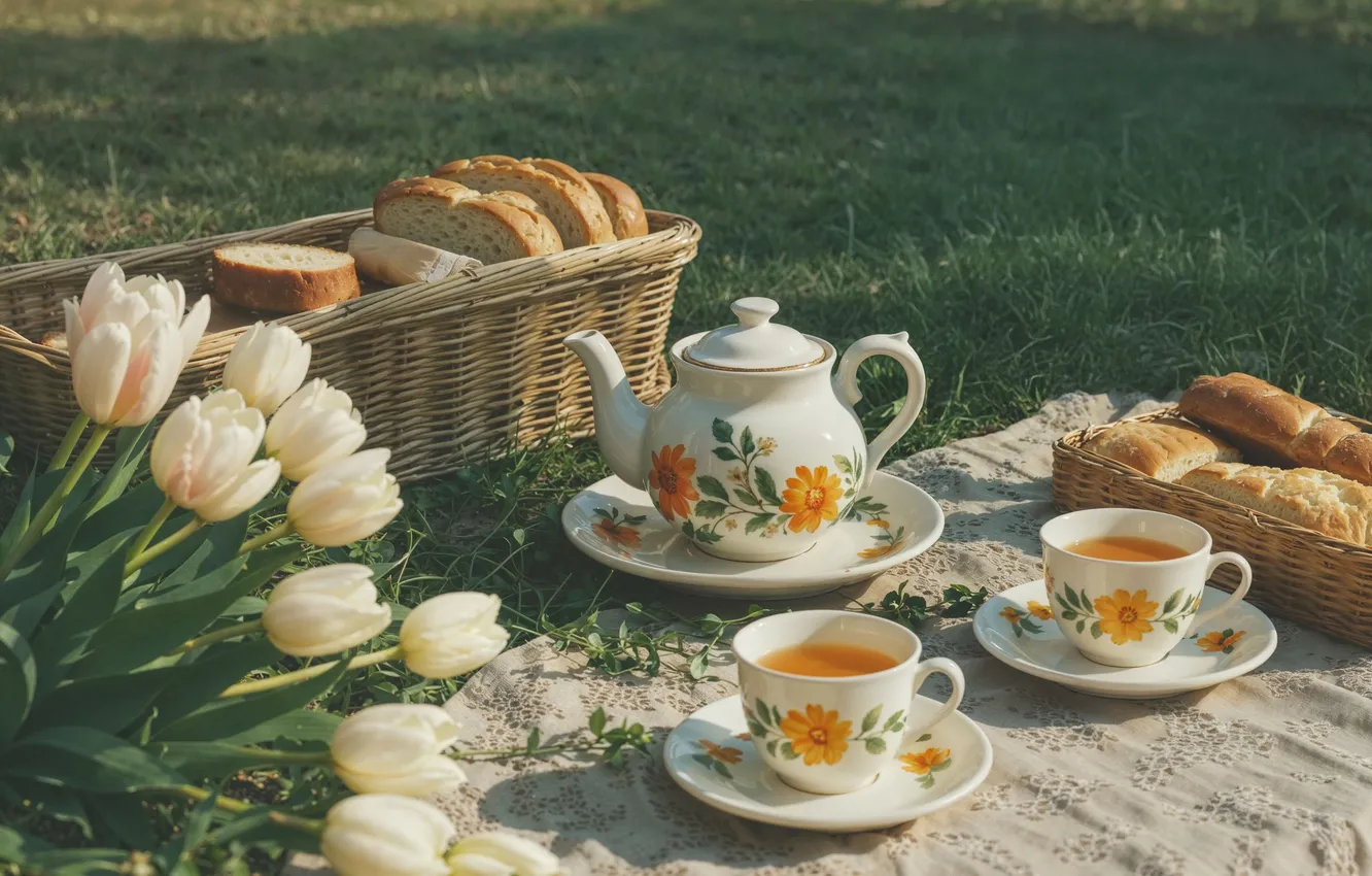 Photo wallpaper flowers, retro, spring, tulips, sunshine, picnic, blossom, flowers