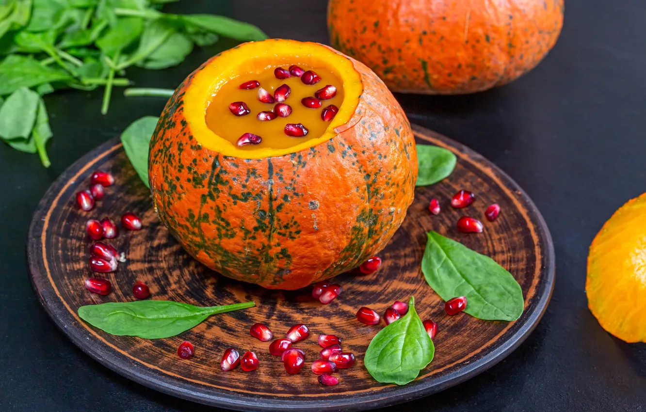 Photo wallpaper greens, grain, pumpkin, garnet