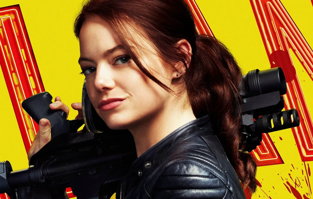 Photo wallpaper look, pose, weapons, portrait, makeup, poster, Emma Stone, Emma Stone