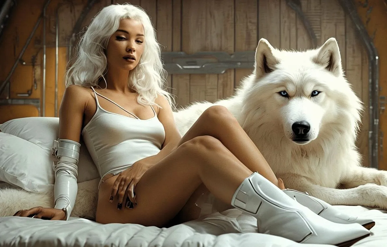 Photo wallpaper girl, costume, legs, boots, white hair, digital art, white wolf, digital art