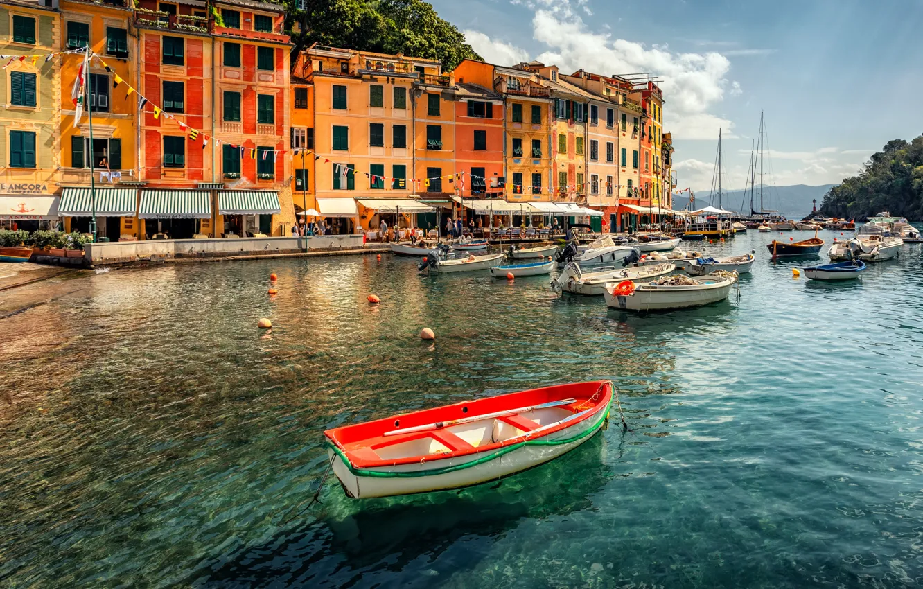 Photo wallpaper sea, landscape, boat, home, Italy, town, Portofino, Alexander the Silent