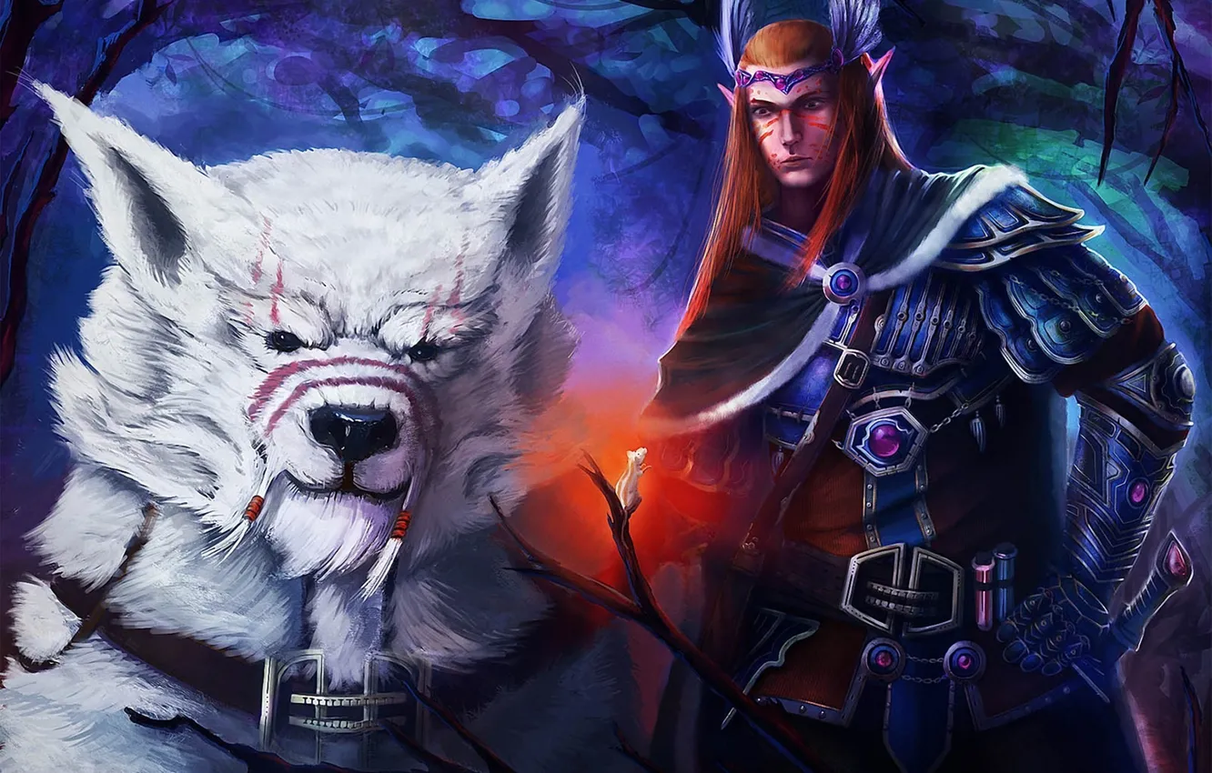 Photo wallpaper branches, pattern, elf, wolf, mouse, fantasy, art, male