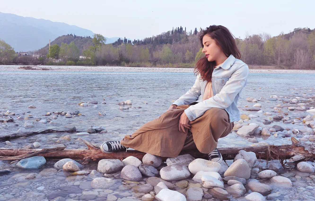 Photo wallpaper girl, river, stones, for