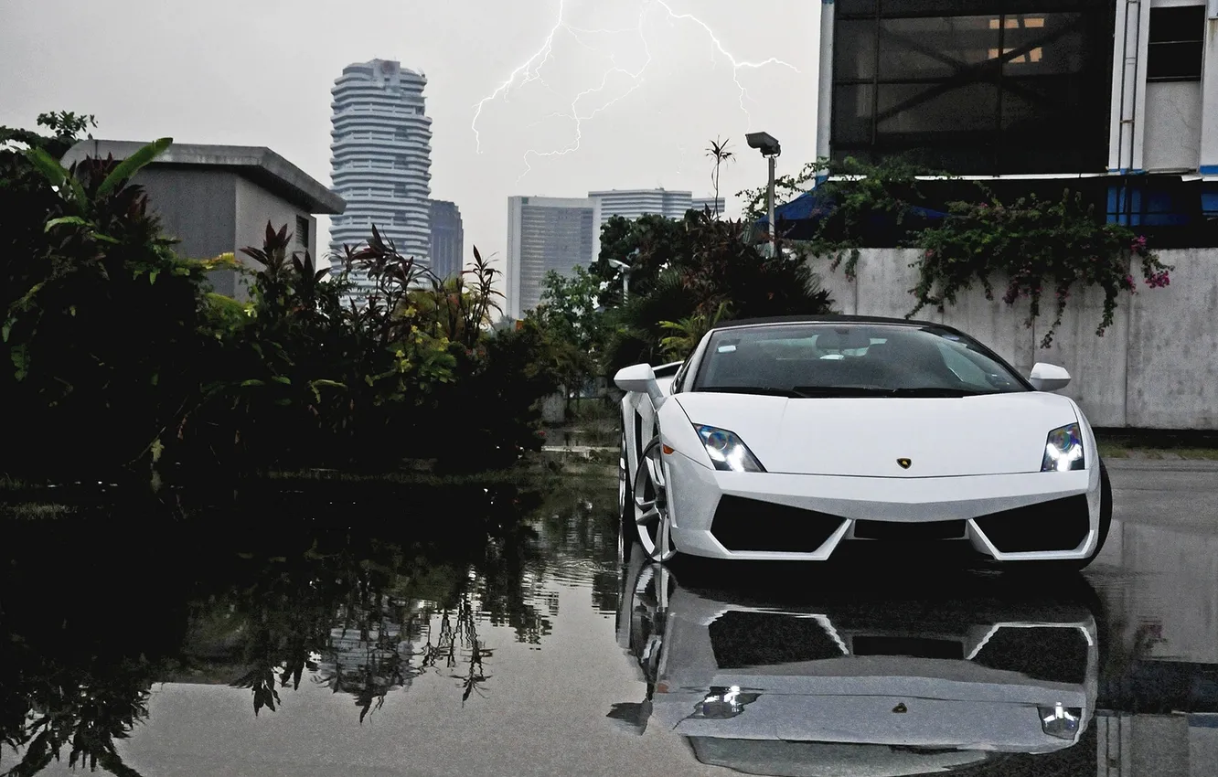 Photo wallpaper white, the sky, lightning, Lamborghini, white, Gallardo, convertible, Lamborghini