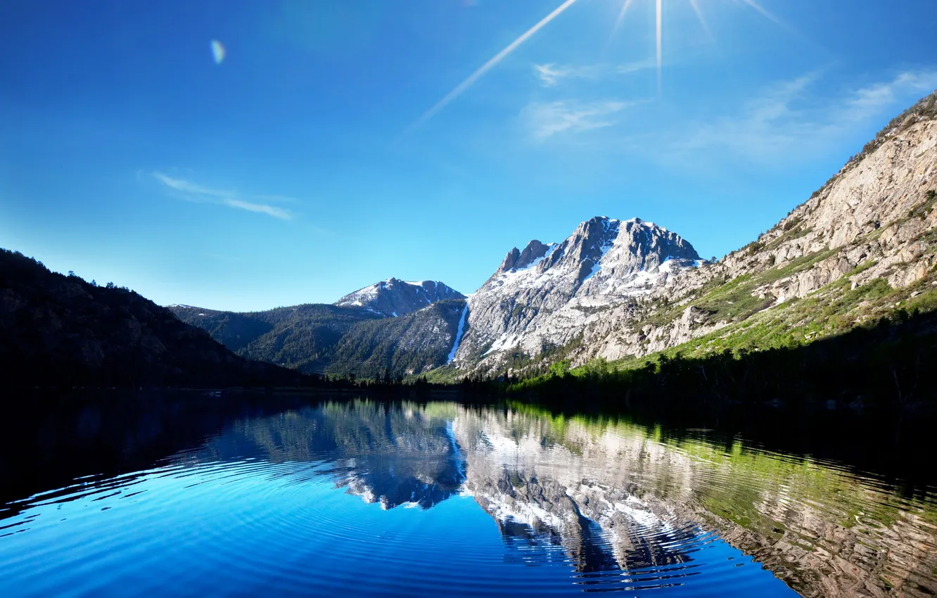 Photo wallpaper the sky, the sun, landscape, mountains, lake, reflection, blue, dazzling