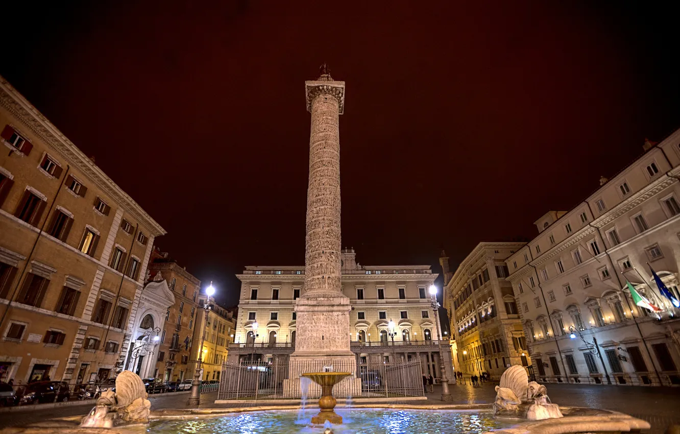 Photo wallpaper the sky, night, lights, home, Rome, Italy, fountain, square columns