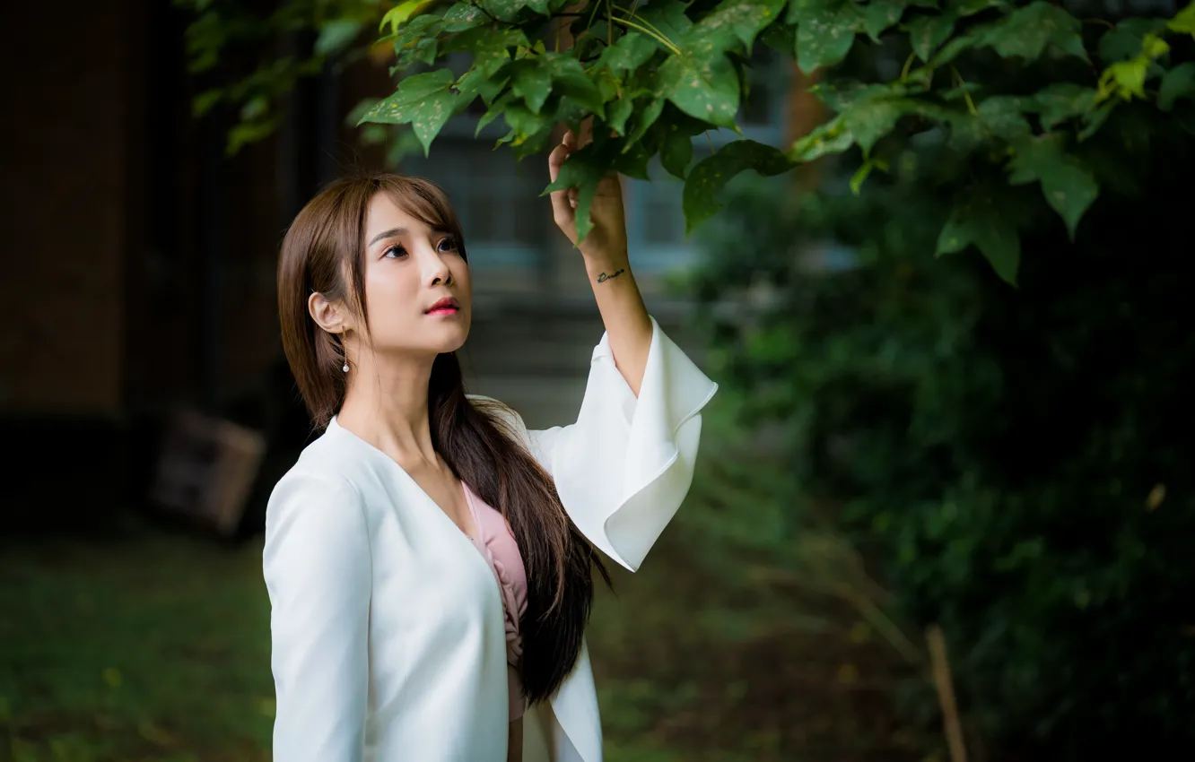 Photo wallpaper leaves, girl, branches, Asian, bokeh
