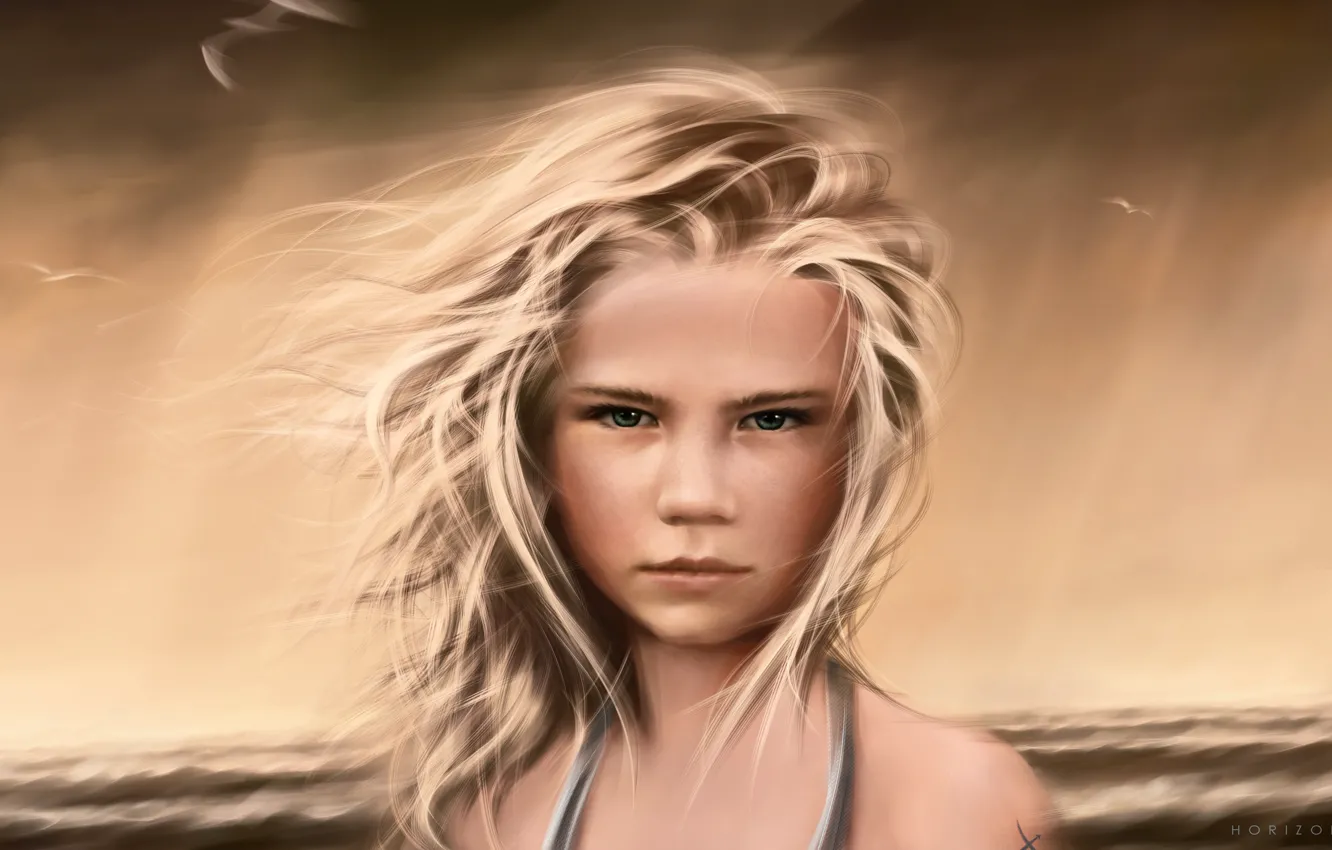 Photo wallpaper sea, wave, girl, storm, the ocean, the wind, shore, hair