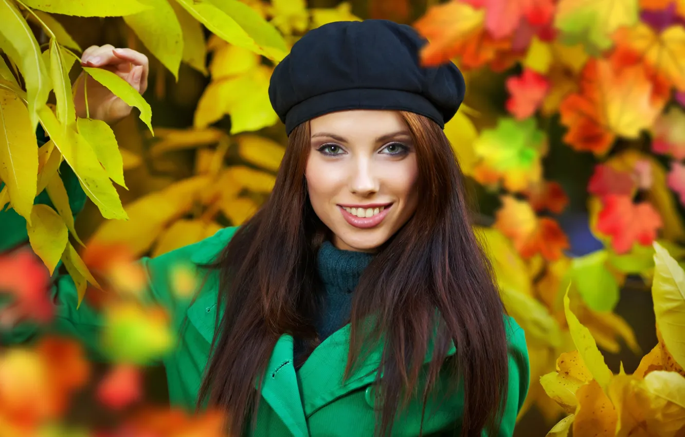 Photo wallpaper autumn, leaves, girl, joy, yellow, nature, smile, foliage