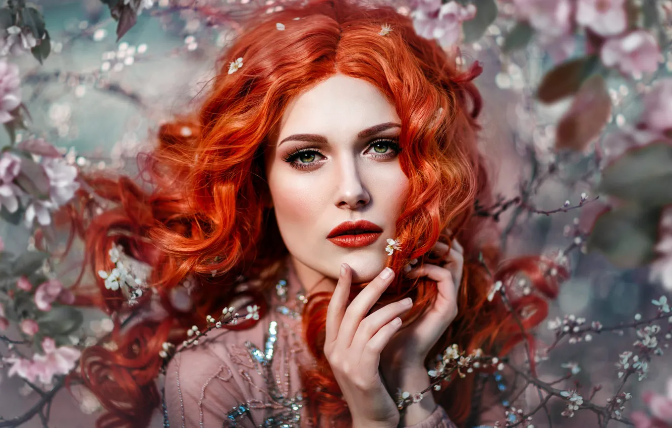 Photo wallpaper look, girl, flowers, branches, nature, face, cherry, pose