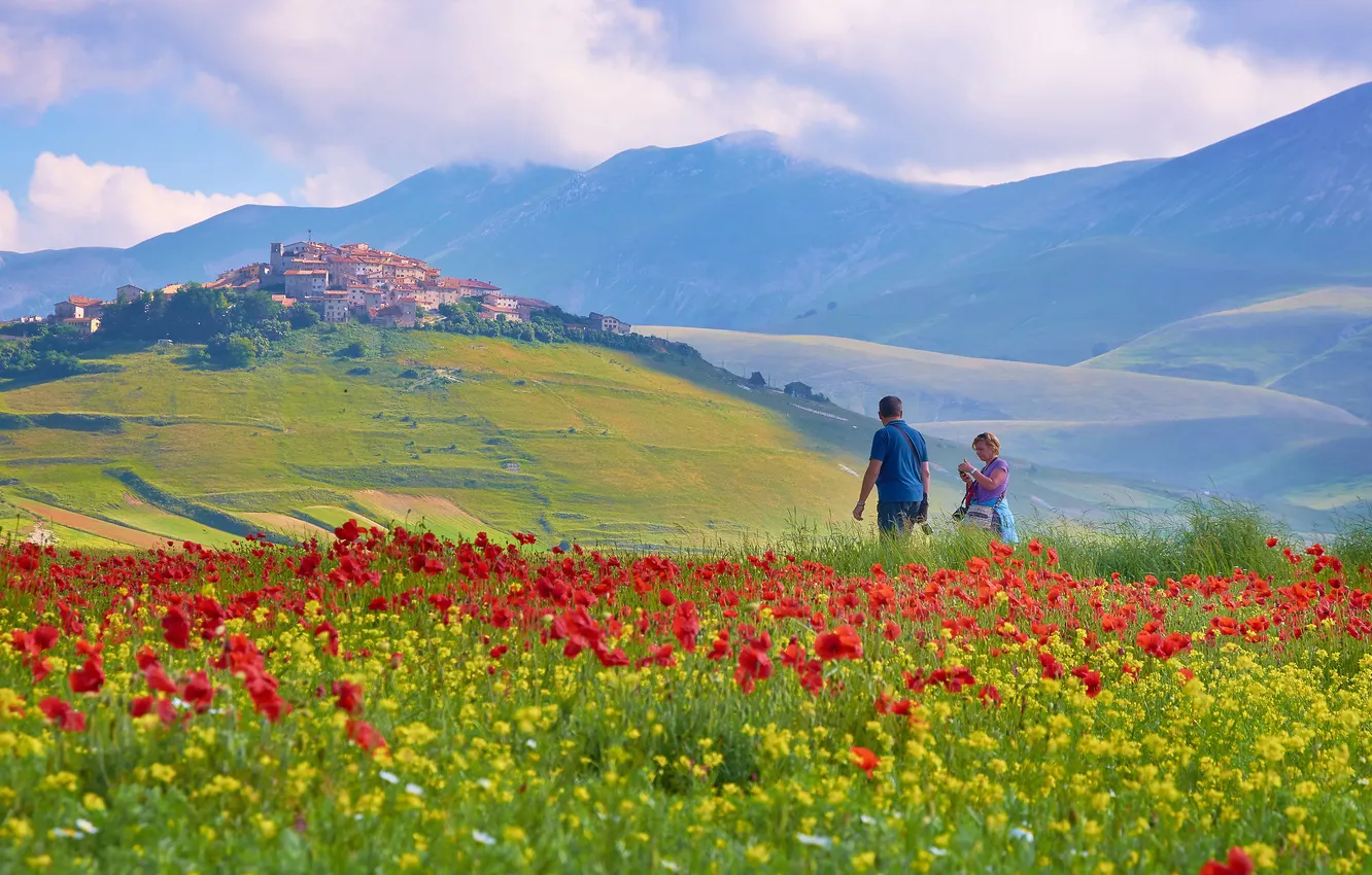 Photo wallpaper summer, clouds, flowers, mountains, red, fog, hills, people