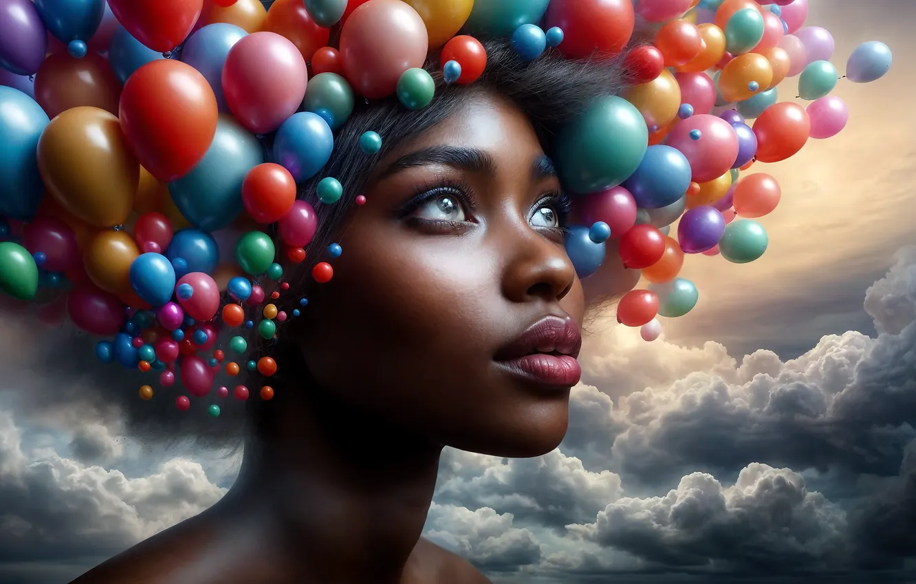Photo wallpaper the sky, look, girl, clouds, face, balloons, portrait, African