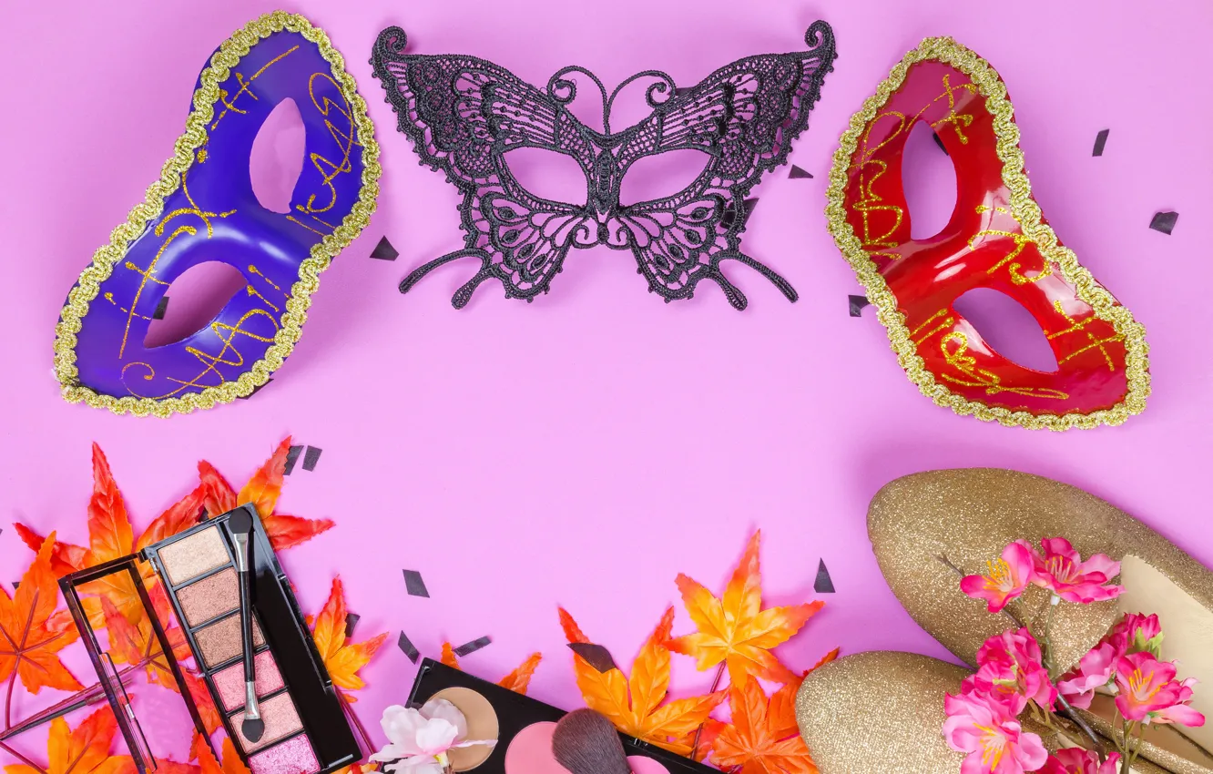 Photo wallpaper leaves, flowers, style, shoes, shadow, makeup, mask, carnival