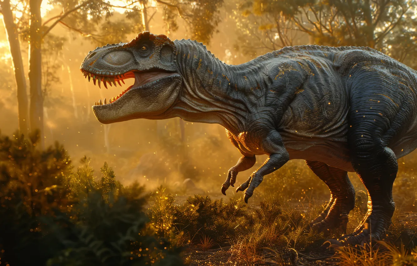 Photo wallpaper trees, animal, dawn, dinosaur, predator, side, Tyrannosaurus, digital art