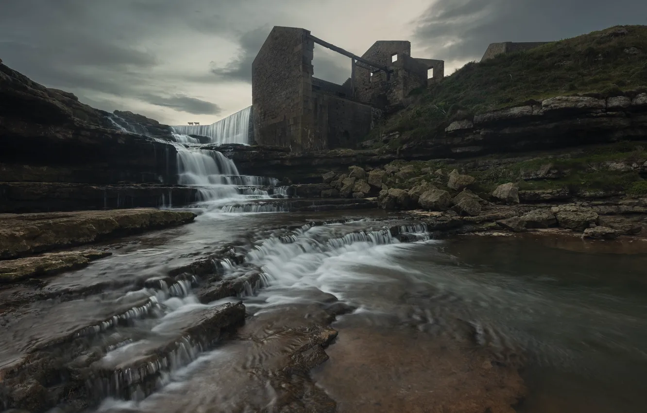 Photo wallpaper stones, castle, rocks, hills, shore, building, waterfall, the skeleton