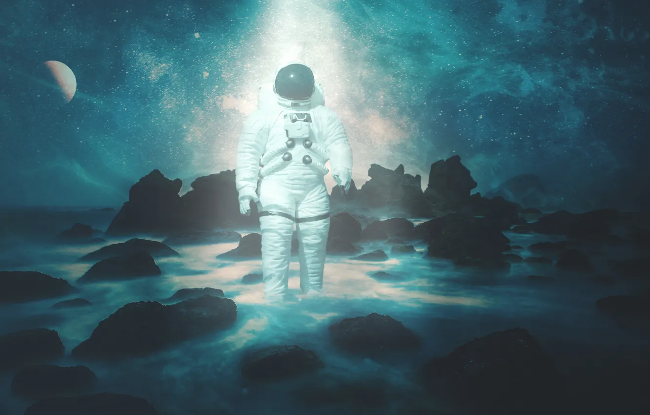 Photo wallpaper sea, rocks, astronaut, astronaut