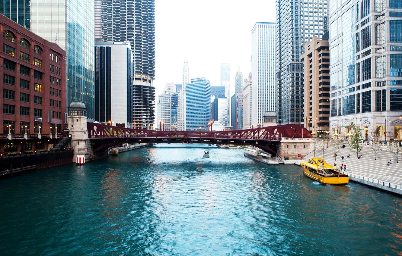 Photo wallpaper bridge, river, home, skyscrapers, Chicago, boat, USA