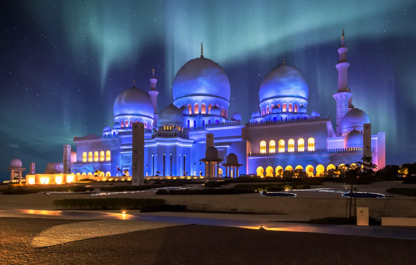 Photo wallpaper the sky, stars, night, the city, lighting, the dome, UAE, The Sheikh Zayed Grand mosque