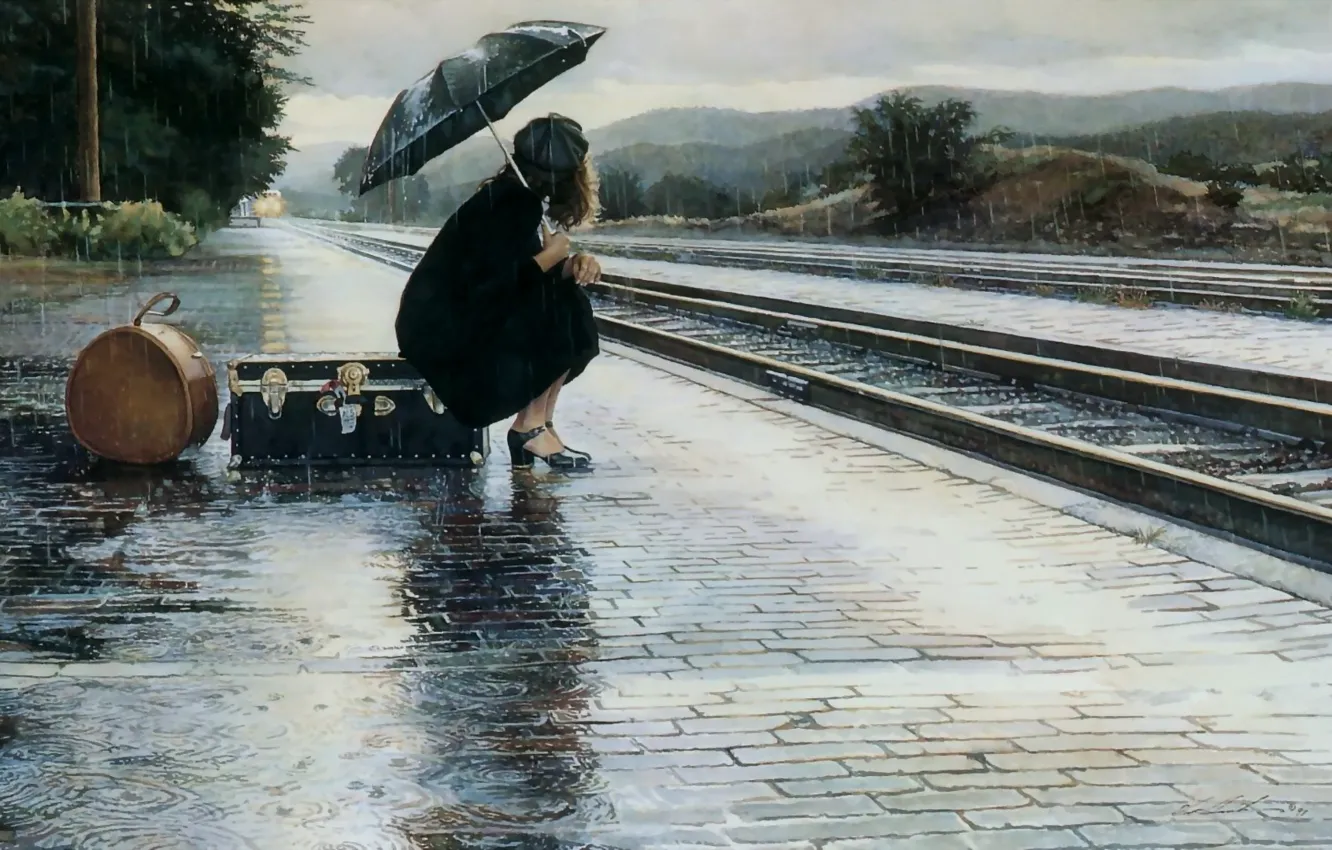 Photo wallpaper sadness, girl, rain, the platform, suitcase, parting
