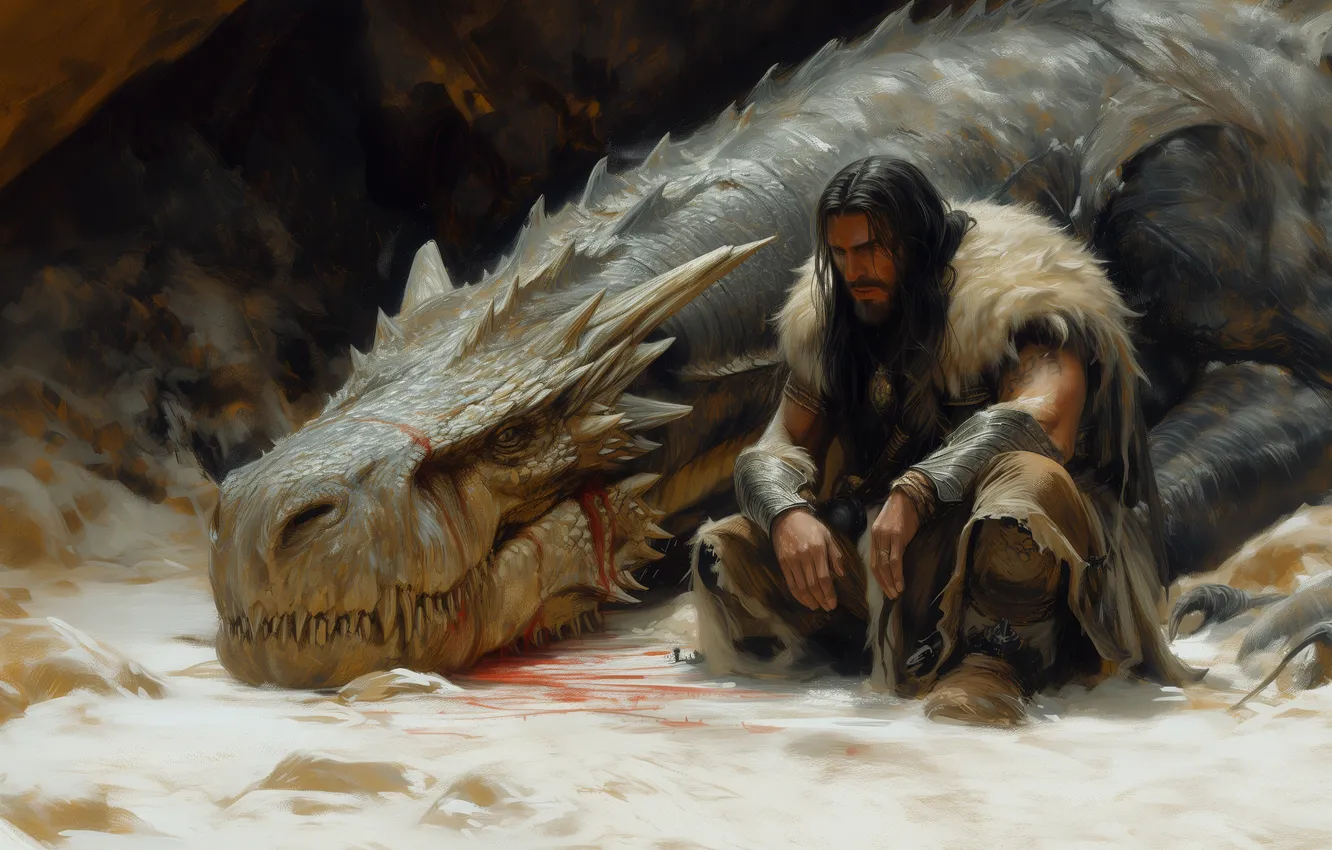 Photo wallpaper blood, horns, men, dragon, creature, sitting, illustration, barbarian