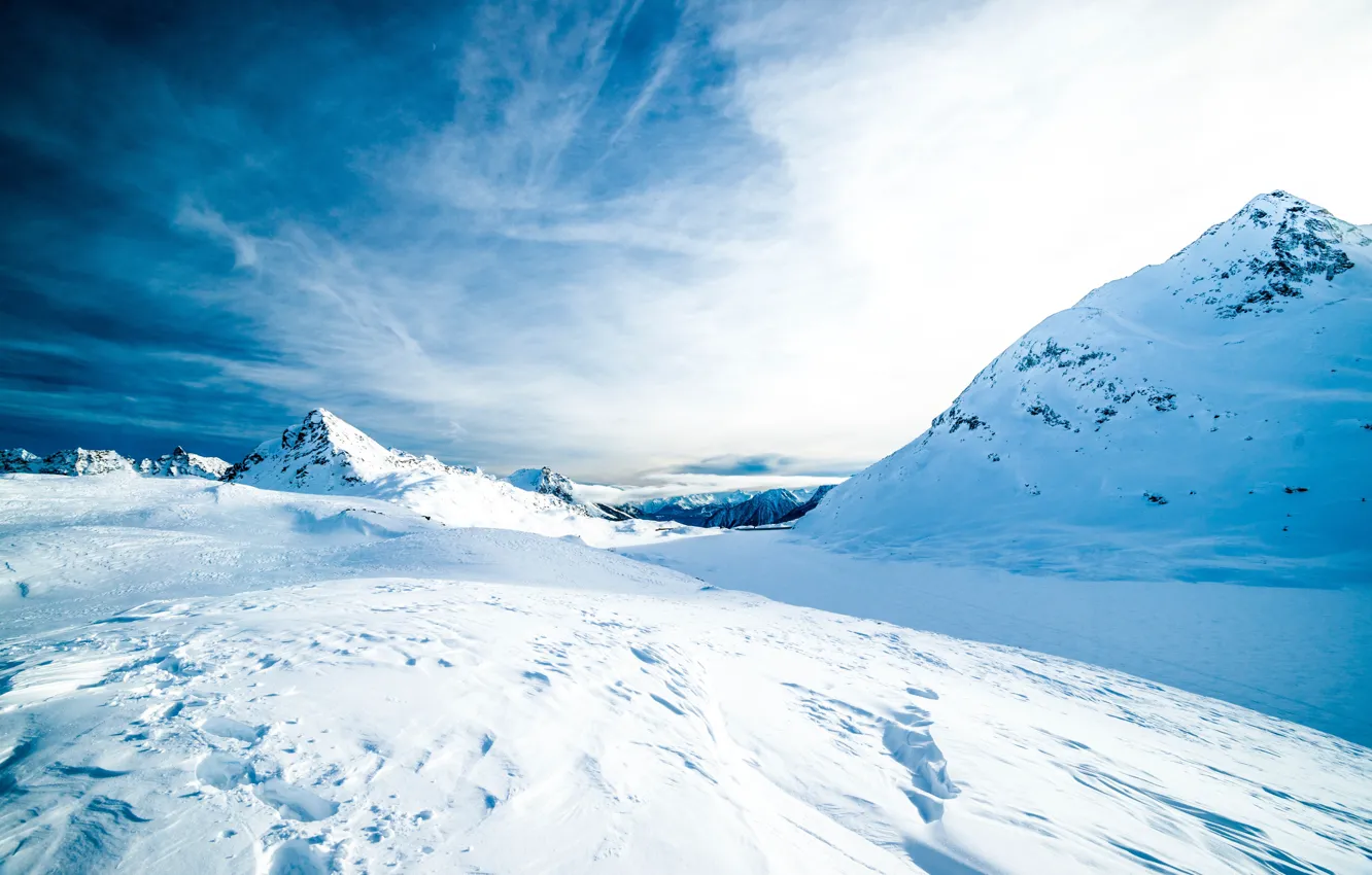 Photo wallpaper the sky, clouds, snow, mountains, traces