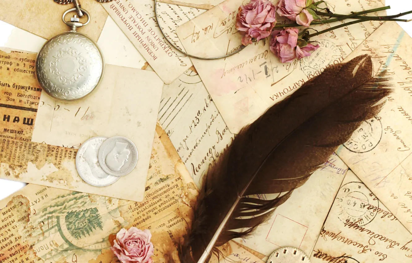 Photo wallpaper letter, watch, roses, feathers, vintage, vintage, card, postcard
