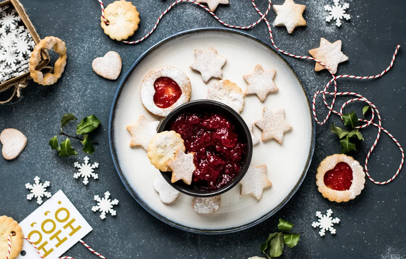 Photo wallpaper snowflakes, new year, cookies, cakes, jam, powdered sugar