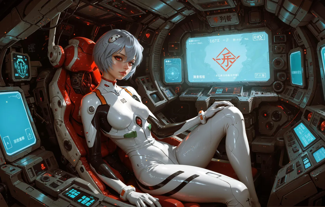 Photo wallpaper devices, pilot, display, white hair, screen, beautiful girl, starship, digital art