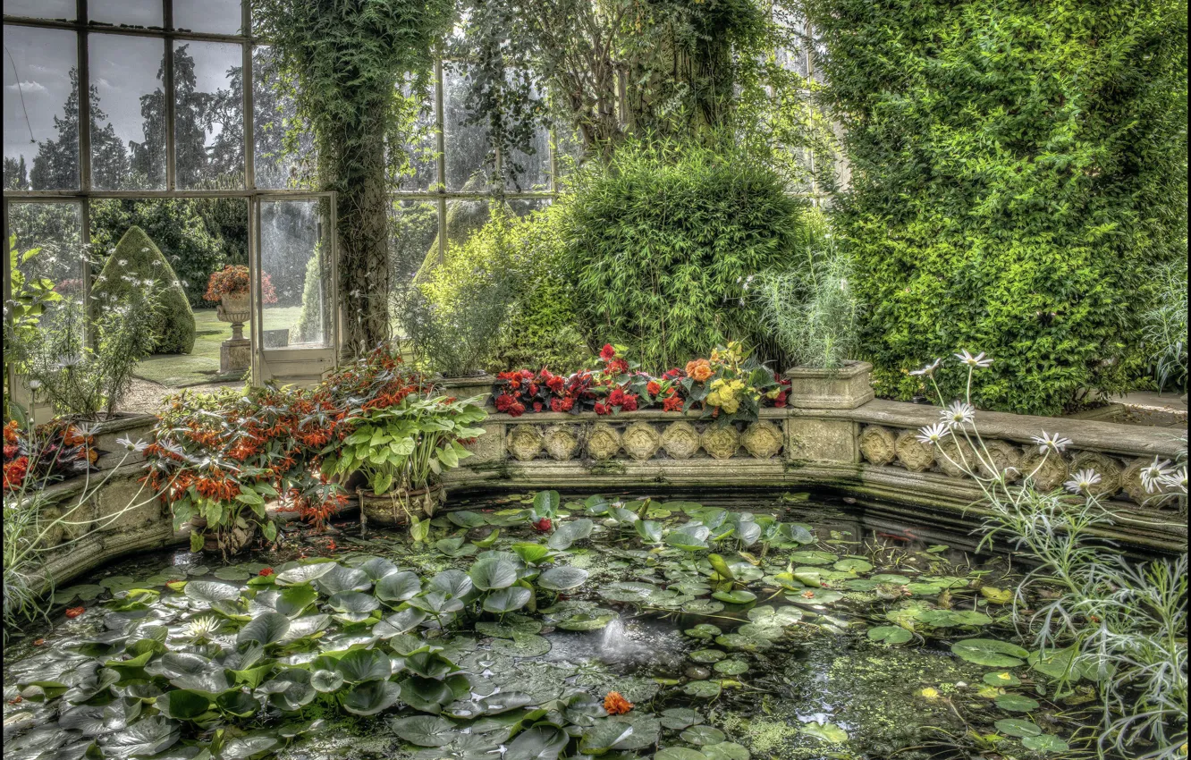 Photo wallpaper water, flowers, England, fountain, architecture, greenhouse, Ashby Castle
