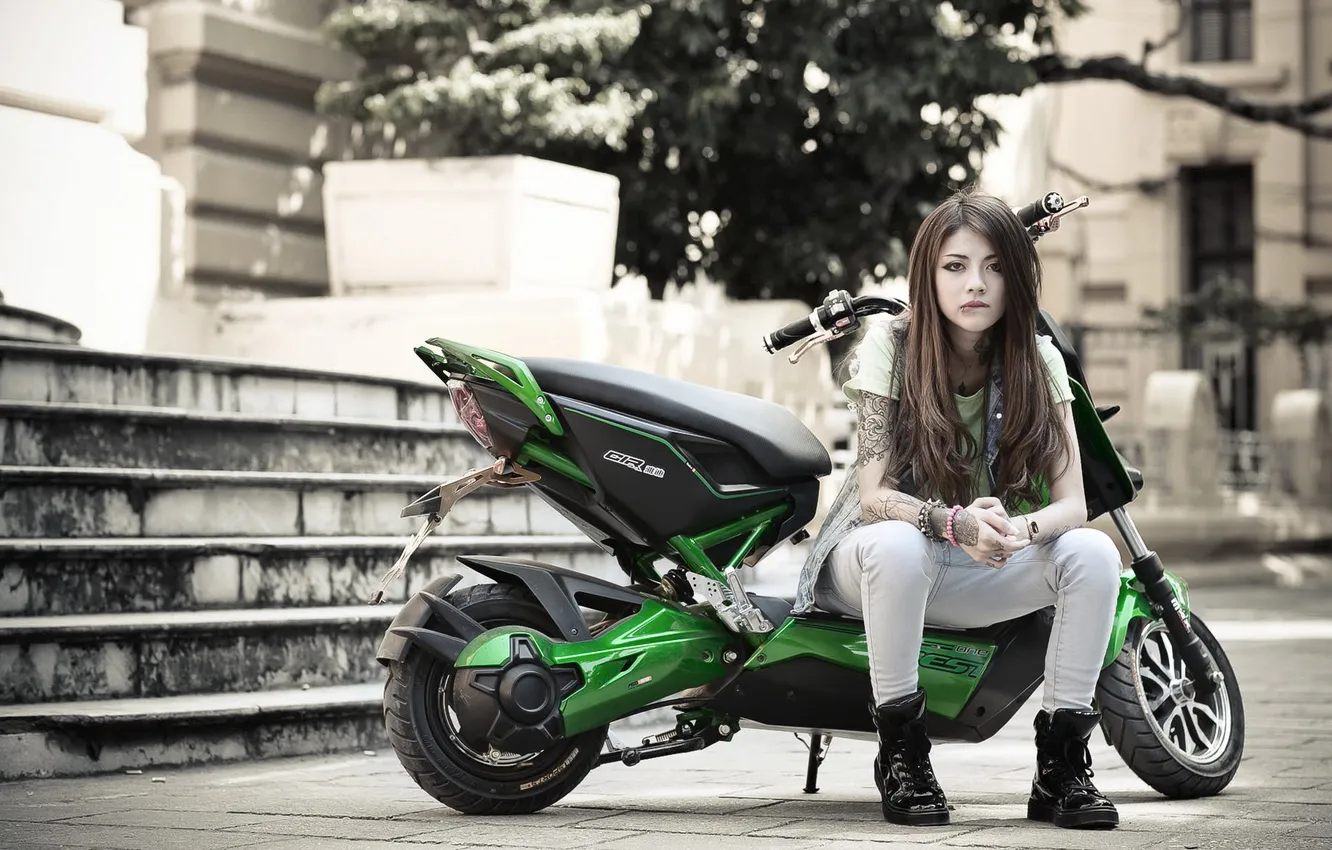 Photo wallpaper girl, pose, motorcycle, Asian