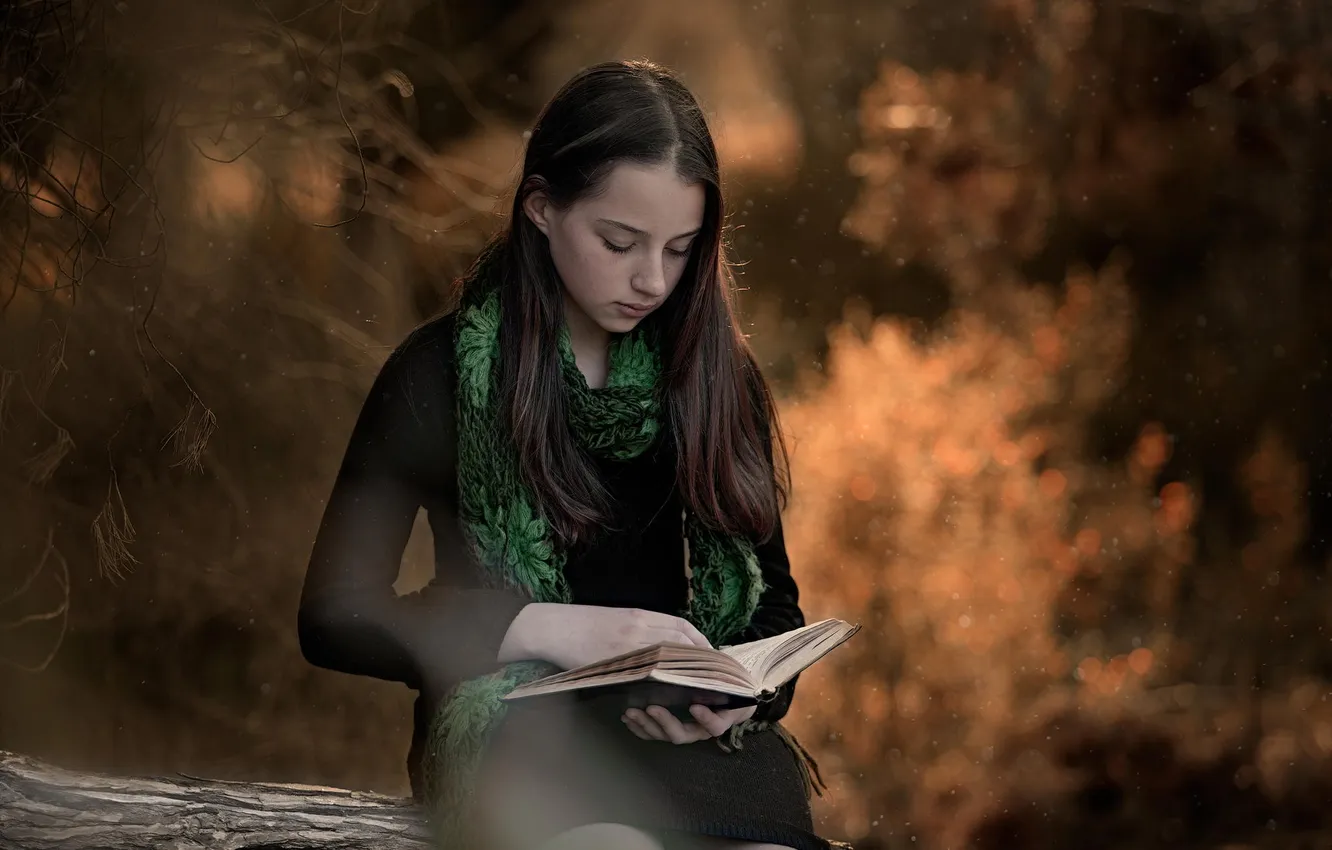 Photo wallpaper forest, girl, book, bokeh