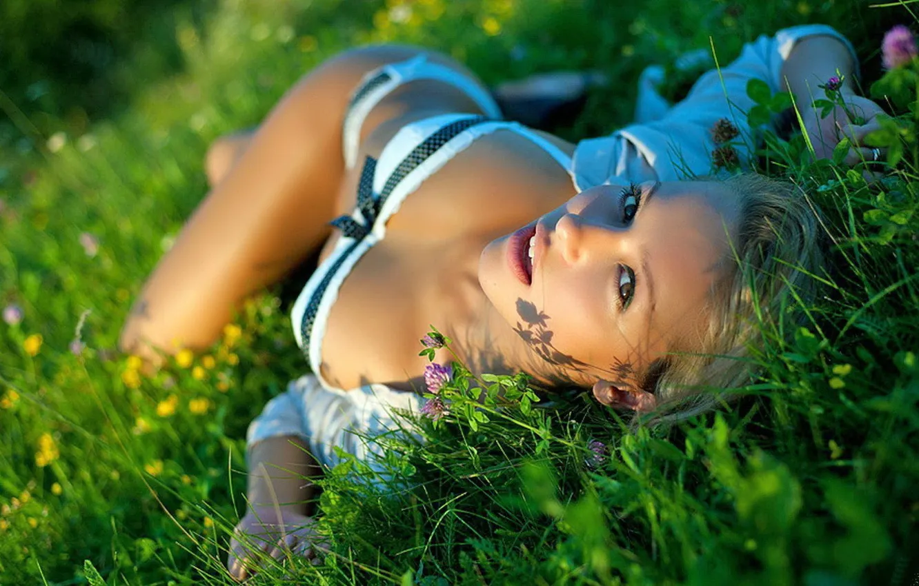 Photo wallpaper field, grass, girl, beautiful
