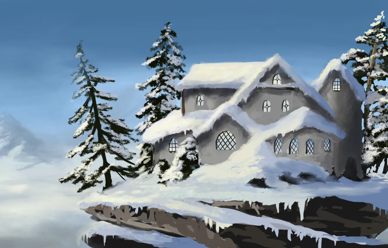 Photo wallpaper snow, trees, mountains, house, rocks, spruce, house, hut