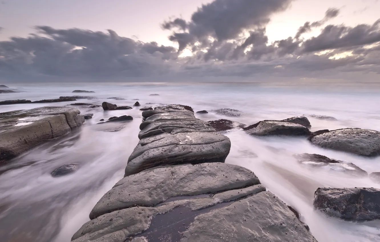 Photo wallpaper sea, stones, lilac
