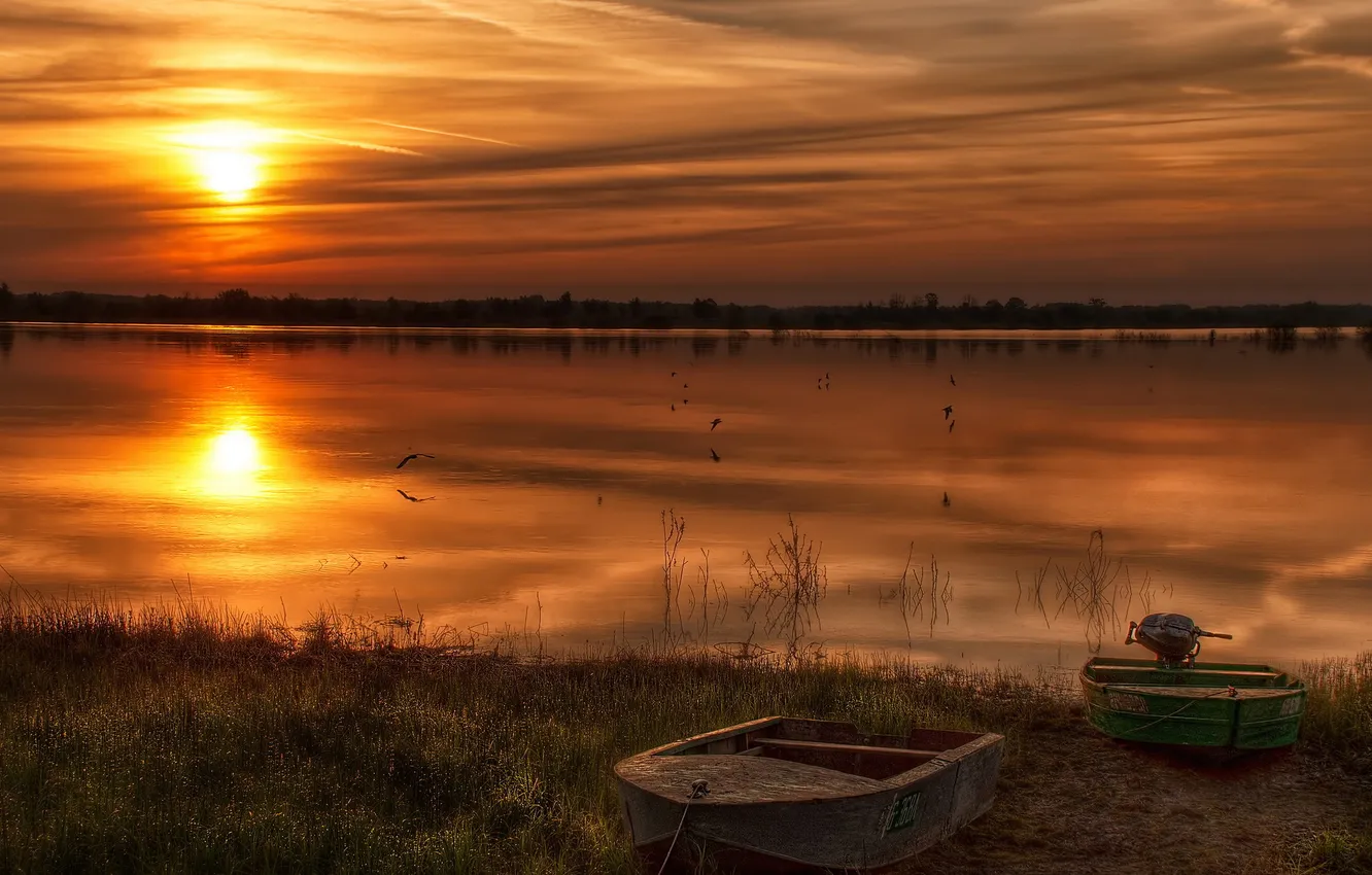 Photo wallpaper landscape, sunset, river, boat
